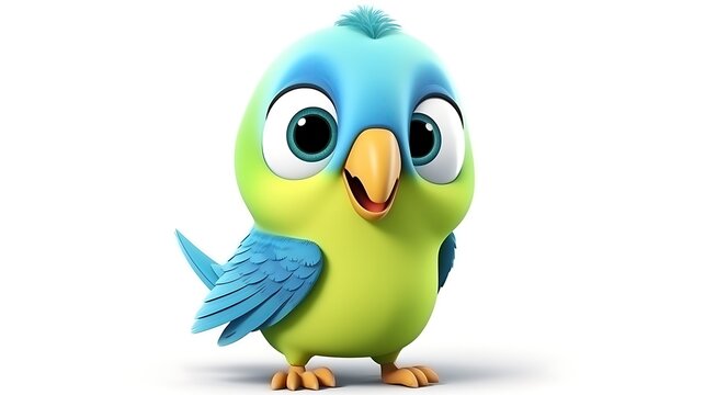 A cute and colorful 3D parrot with bright blue and green feathers. The parrot has big, round eyes and a friendly expression on its face.