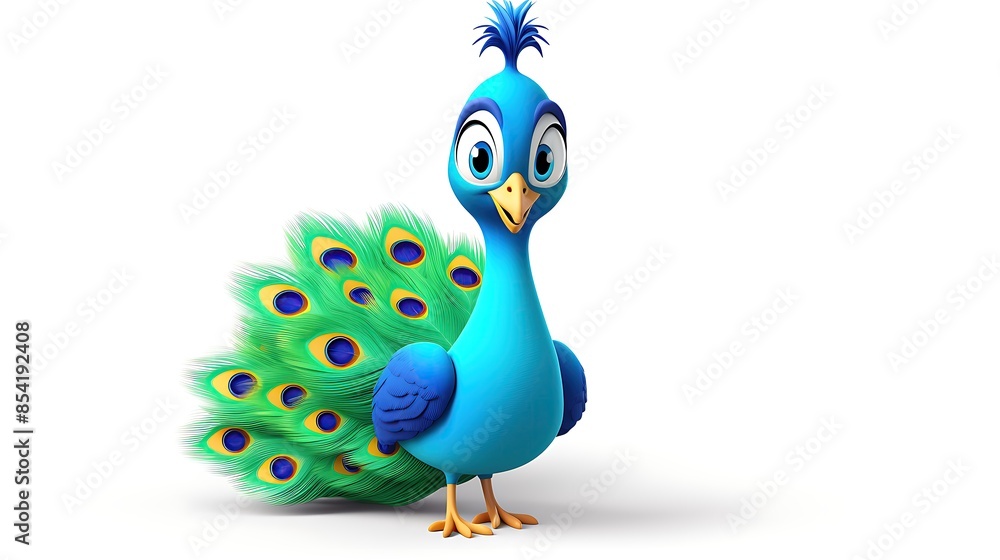 Poster a cute and colorful peacock with bright blue feathers and a long tail. it has a friendly expression 