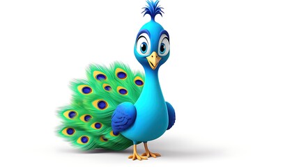 A cute and colorful peacock with bright blue feathers and a long tail. It has a friendly expression on its face and is looking at the viewer.