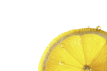 Lemon slice isolated with water drops on transparent or white background. Space for text