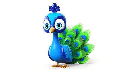 A cute and colorful cartoon peacock with big eyes and a bright plumage. The peacock is standing on a white background and looking at the camera.