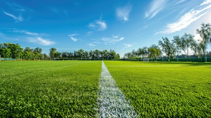 Photograph of a freshly mowed soccer field with lush green grass and crisp white lines under a...