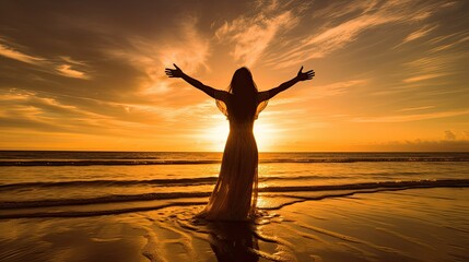 Photograph of a joyful woman silhouetted against a golden sunset, her arms outstretched in a gesture of freedom and exhilaration as she breathes in the crisp ocean air.