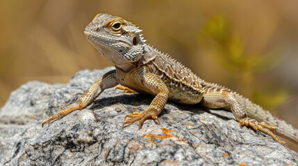 Photograph of a lizard basking in the sun on a rock, its scales shimmering in the light.