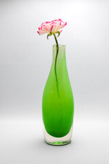 Pink Flowers in a Green Handmade Artisanal Glass Vase Decoration Living Room 