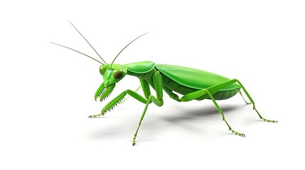 A green praying mantis is isolated on a white background. The insect is facing to the left of the viewer.