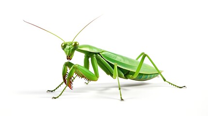 A green praying mantis is perched on a white surface. The insect is facing the viewer with its large, green eyes.
