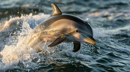 Naklejka premium Photograph of a playful dolphin leaping out of the ocean, its body glistening in the sunlight.