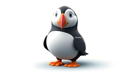 3D rendering of a cute cartoon puffin bird. It has black and white feathers, a red and orange beak, and yellow feet.
