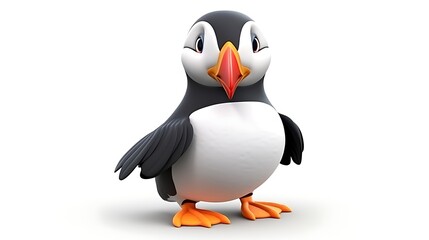 Cute cartoon puffin bird with bright orange beak. 3D rendering.