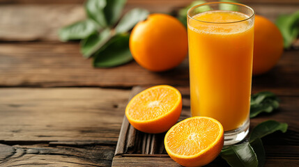 a glass of fresh orange juice and orange on the table in restaurant 