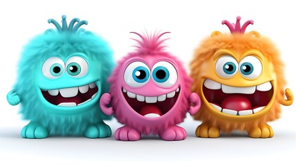 Three cute and colorful monsters are standing in a row. They have big smiles on their faces and look very friendly.
