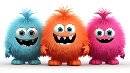 Fototapeta premium Three cute and colorful monsters standing in a row. They have big eyes, toothy smiles, and fluffy fur.