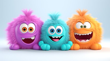 Three cute and colorful furry creatures are sitting in a row against a white background.