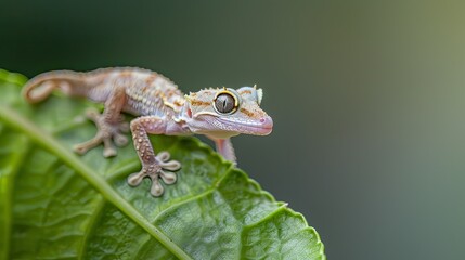 Fototapeta premium Photograph of a tiny gecko clinging to a leaf, its camouflage making it almost invisible.