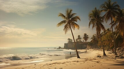 Photograph of a tranquil summer afternoon at a secluded Mexican beach, with lush palm trees casting long shadows over sunbathers and swimmers, captured in a warm