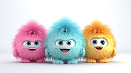 Obraz premium Three cute and colorful furry creatures with big eyes and happy smiles. They are standing next to each other on a white background.