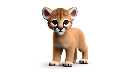 This is a 3D rendering of a baby cougar. It is standing on a white background and looking at the camera with its big, round eyes.
