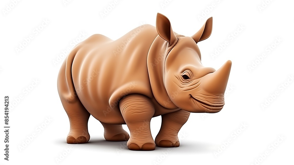 Poster this is a 3d rendering of a cartoon rhinoceros. the rhino is standing on a white background and is f