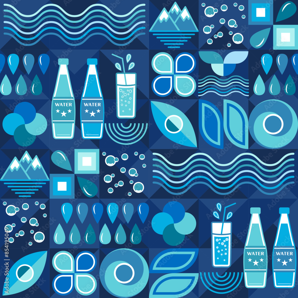 Poster pattern with water icons, design elements in flat simple geometric style. seamless background with a