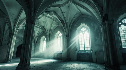 Dark gothic hall with sunlight entering from the windows light 