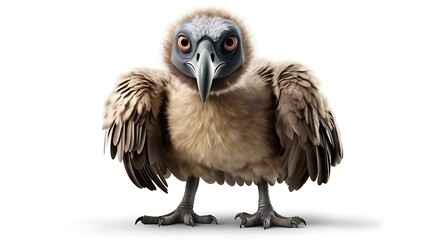 A baby vulture with big orange eyes looks at the camera with its wings spread open.
