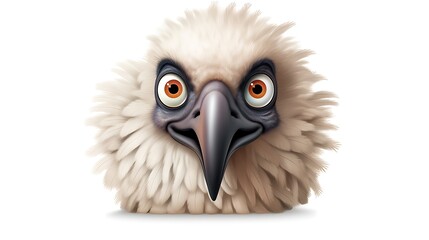 Fototapeta premium A close-up of a cartoon vulture with big orange eyes. The vulture has a white head and neck, with a yellow beak and black feathers on its body.