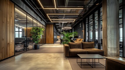 Fototapeta premium Modern office space featuring an open seating area with plush brown couches, contemporary lighting, and adjoining glass-walled meeting rooms, showing a sophisticated and professional work environment
