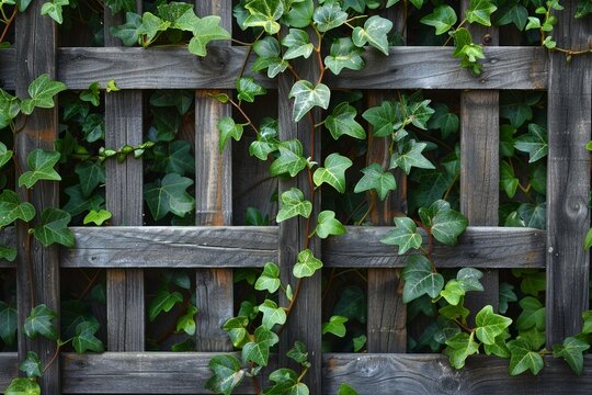 A beautifully intricate wooden lattice structure intertwined with lush green ivy vines creating a harmonious blend of man-made and natural elements