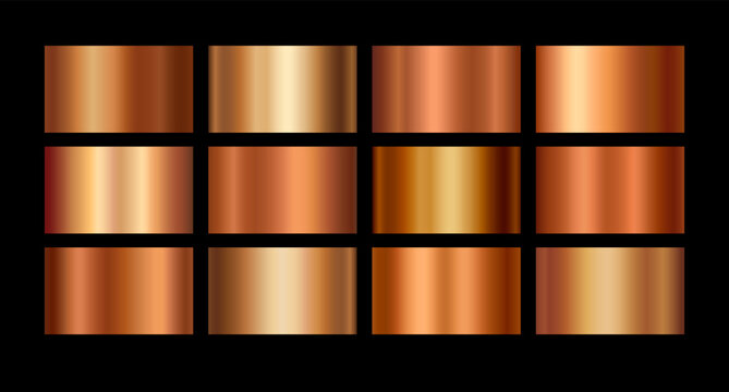 Copper foil texture background set. Vector golden shine metallic gradient template antique color for border, frame, ribbon design