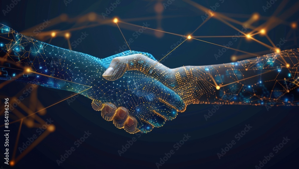 Poster a hand is shaking another hand in a futuristic setting. generate ai image