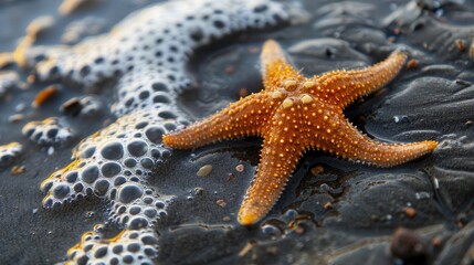 A starfish is resting on the sandy shore near the water, surrounded by terrestrial plants and animals. The natural landscape is peaceful, with the gesture of the starfish adding to the serene event