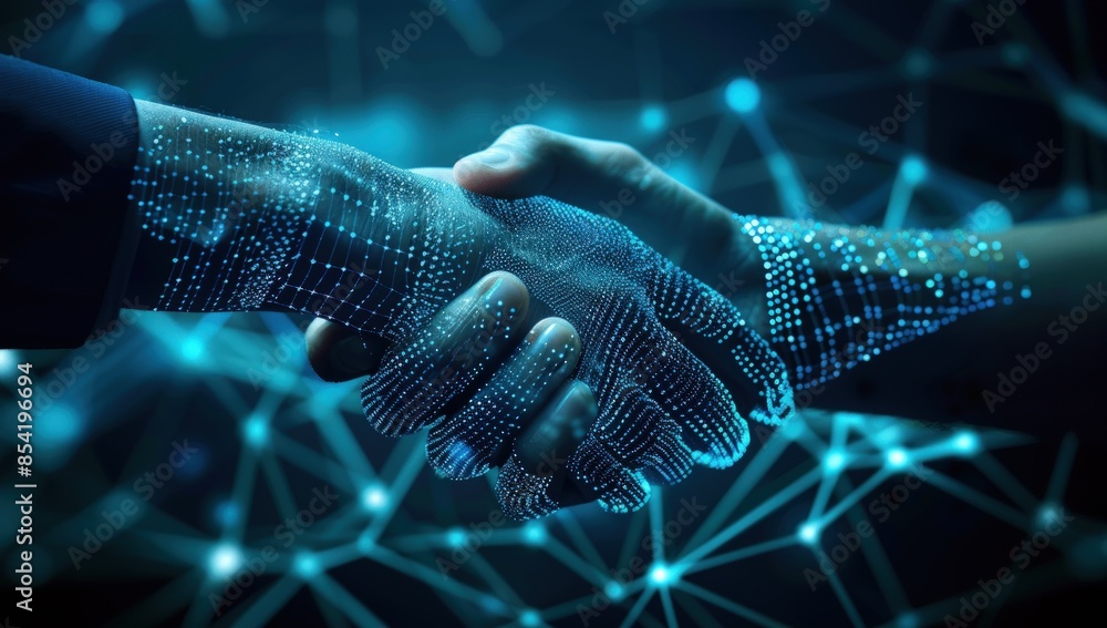 Poster a hand is shaking another hand in a futuristic setting. generate ai image