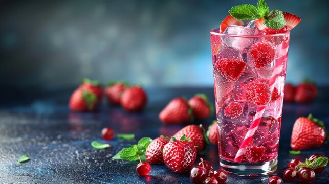 A refreshing glass of mixed berry fizzy drink garnished with fresh mint and strawberries on a dark background with scattered berries and a vibrant atmosphere