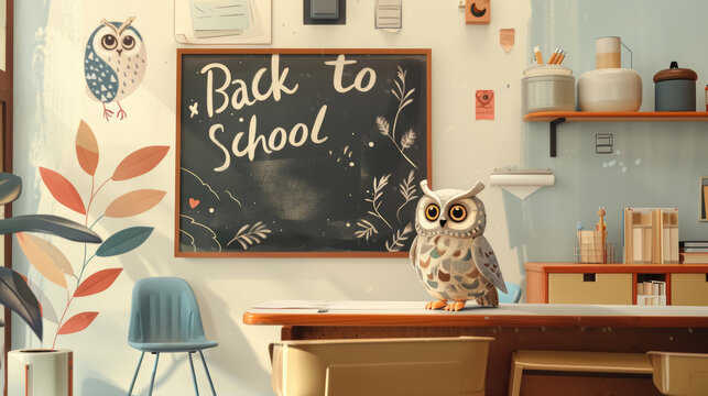 Cute little owl teacher sitting in front of class next to blackboard with text Back to school. Education, back to school concept. First day of school, new school year. 