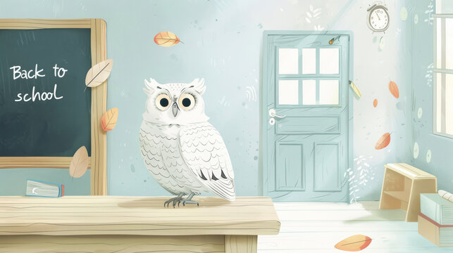 Snowy owl teacher sitting in front of class next to blackboard with text Back to school. Education, back to school concept. First day of school, new school year. 