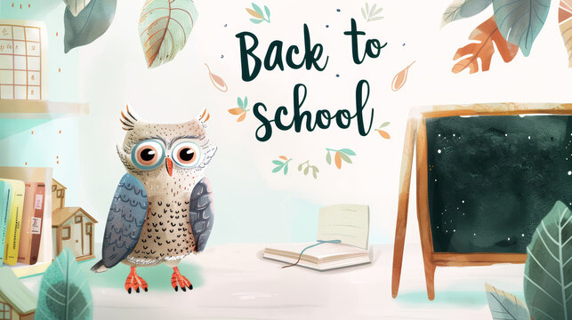Owl teacher sitting in front of class next to blackboard. Back to school text. Education, back to school concept. First day of school, new school year. 