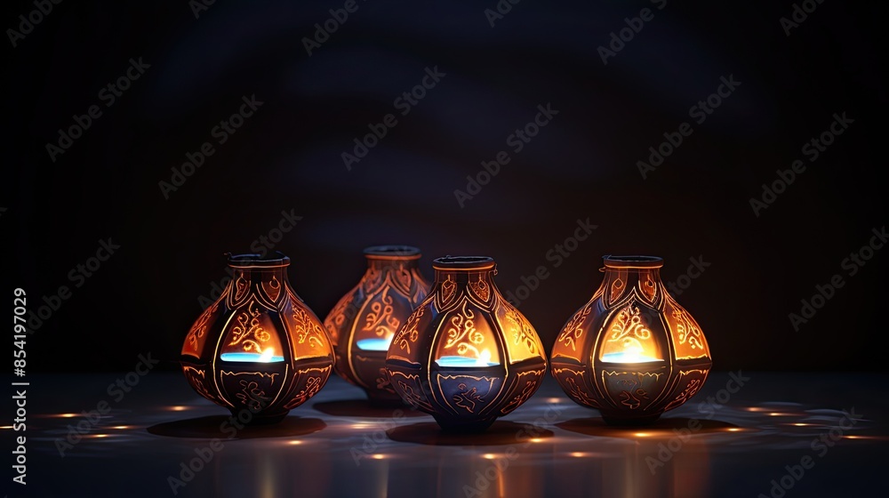 Poster four glowing lanterns with intricate patterns cast a warm glow in the darkness, creating a peaceful 