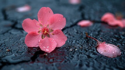A close-up view of a beautiful pink cherry blossom flower with droplets of water on its petals, lying on a wet, cracked surface with other pink petals scattered around