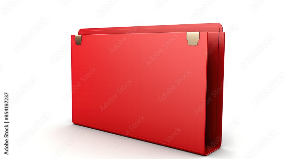 Poster a simple red plastic file folder with a metal clasp. it is empty and stands alone on a white backgro
