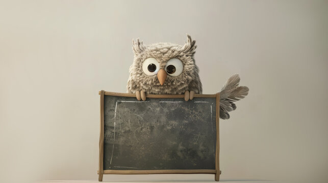 Funny owl sitting on blackboard. Education and learning concept. Back to school, first day of school, new school year.
