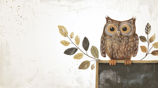 Tawny owl teacher sitting on blackboard. Education and learning concept. Back to school, first day of school, new school year.