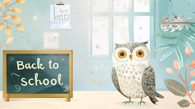 Cute owl teacher sitting in front of class next to blackboard with text Back to school. Education, back to school concept. First day of school, new school year.