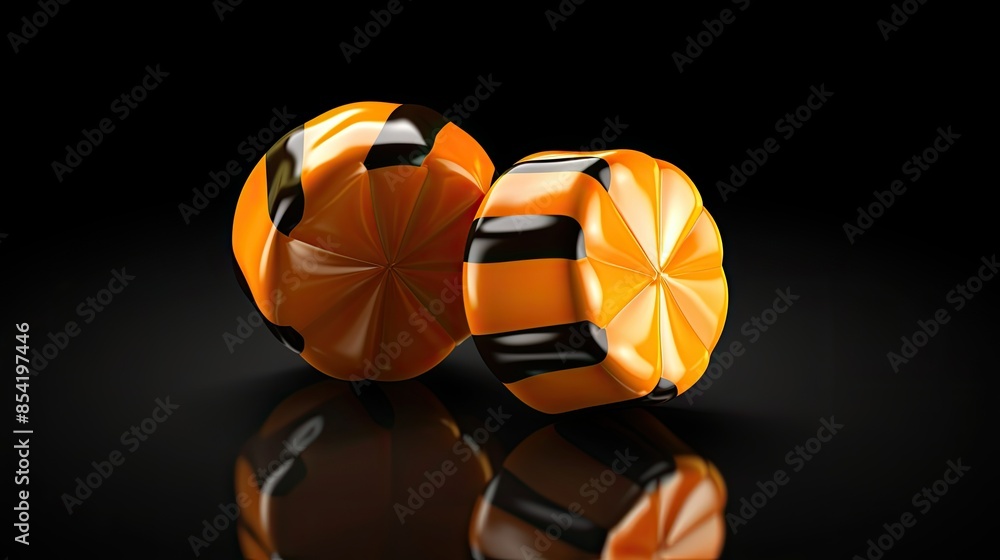 Poster 3d rendering of two orange and black striped lollipops on a black background. the lollipops are roun