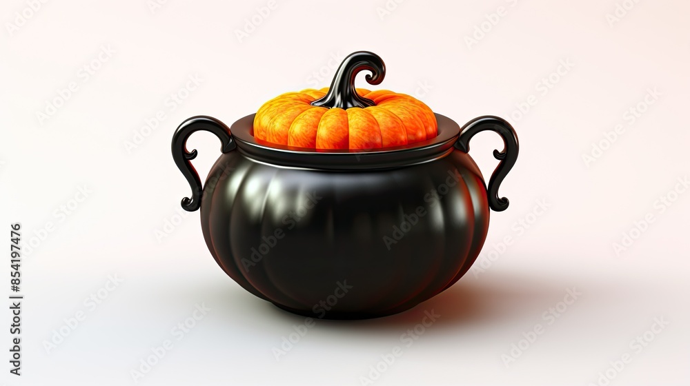 Poster 3d rendering of a black cauldron with a pumpkin lid. the cauldron is sitting on a white surface with
