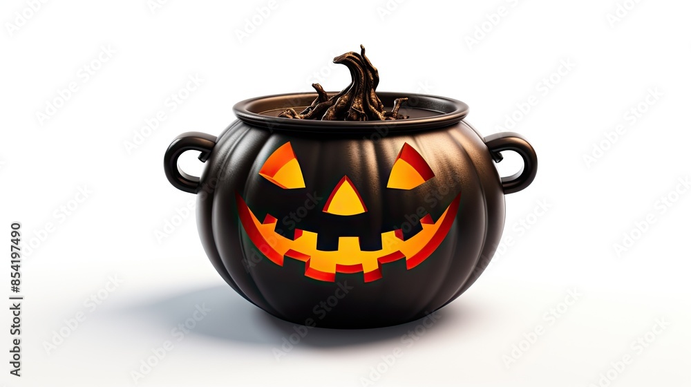 Poster 3d rendering of a black cauldron with a carved face. the cauldron is sitting on a white surface and 