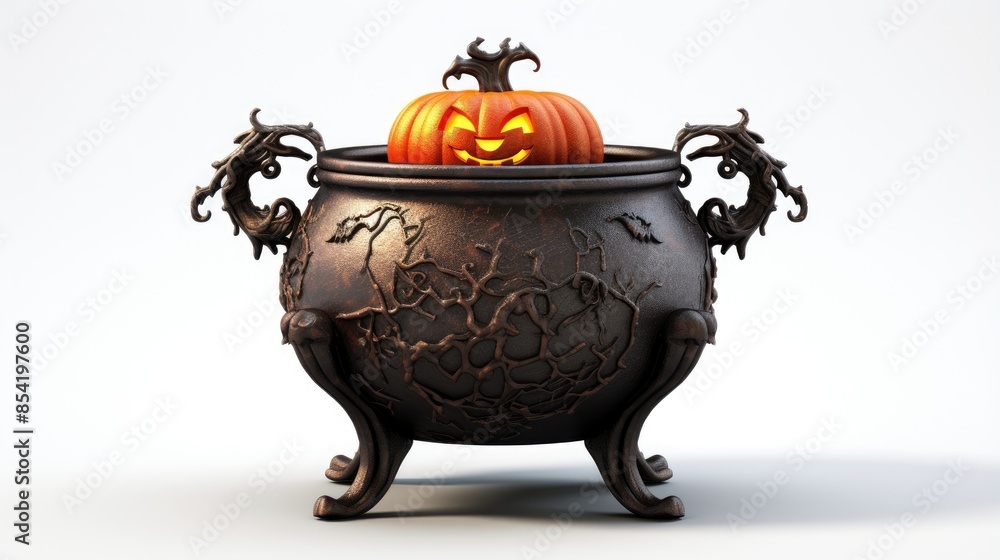 Poster 3d rendering of a cauldron with a jack-o-lantern inside. the cauldron is made of metal and has intri