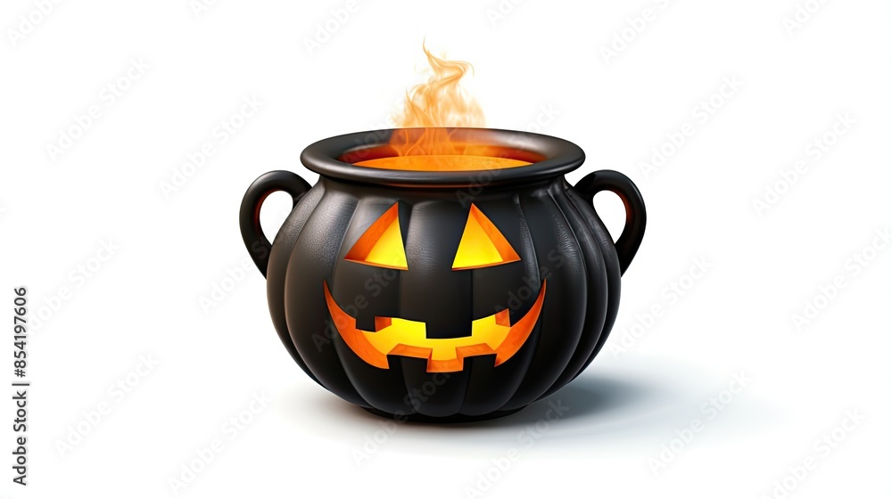 Poster 3d rendering of a black cauldron with a glowing orange flame inside. the cauldron has a carved face 