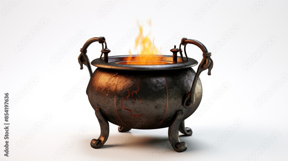 Poster a digitally rendered image of a black cauldron with an orange flame burning inside it. the cauldron 