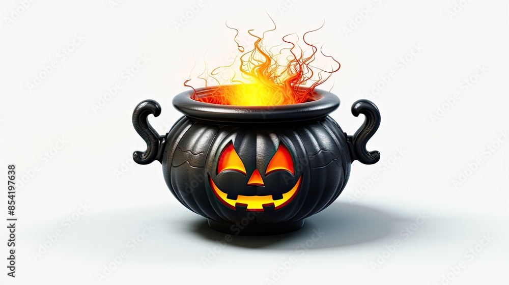 Poster 3d rendering of a cauldron with a glowing orange flame. the cauldron is made of black metal and has 